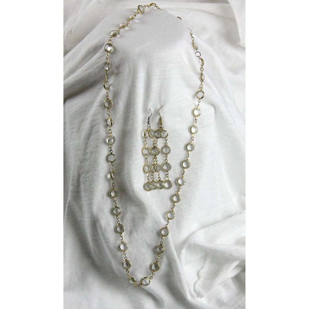 Signed Swarovski Gold Tone Bevel Crystal Necklace and Wire Hook Earrings Set